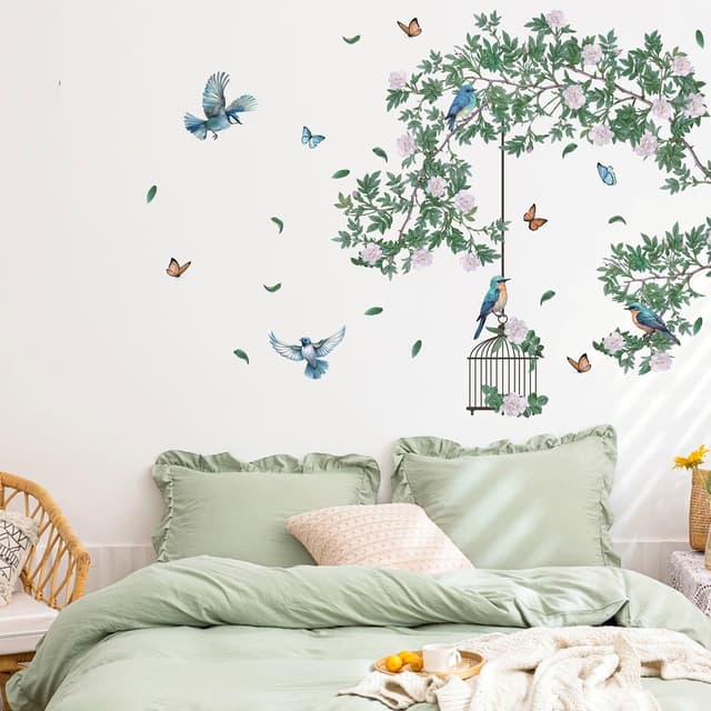 Detalle de HPUINB Green Plants & Birds wall stickers with tropical leaves (removable palm tree mural)