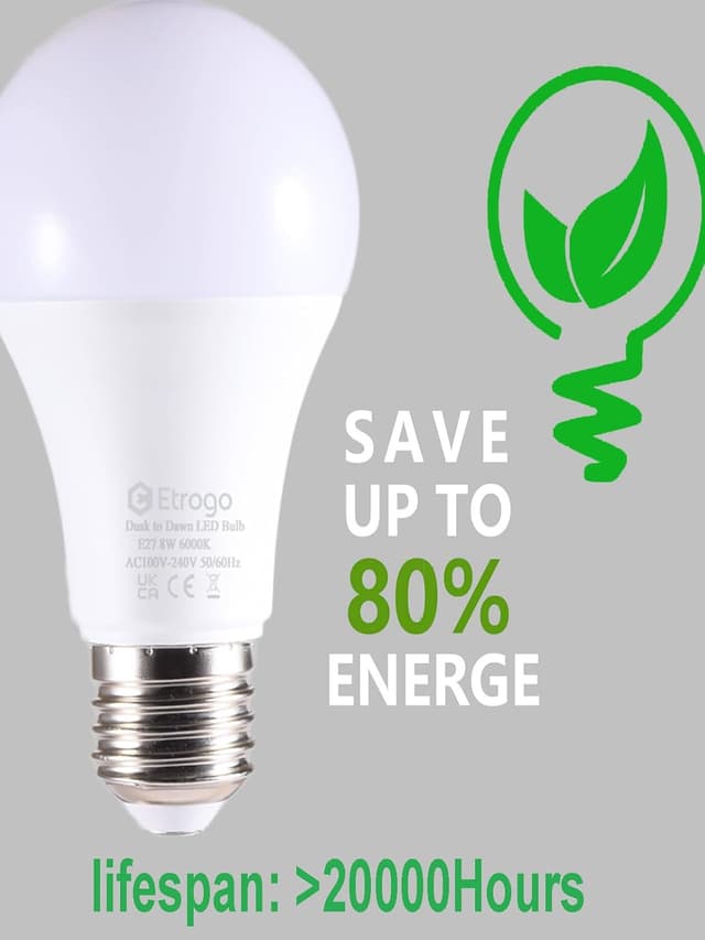 Detalle de Etrogo Lampadina crepuscolare E27 con sensore di luce bianco freddo 6000K 8W (2 pezzi)