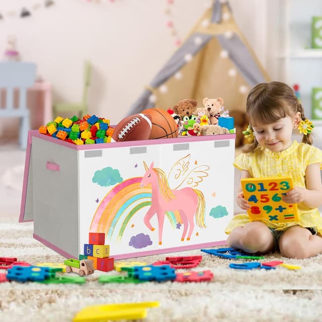 Detalle 2 de VERONLY Spielzeugkiste mit Deckel (83 L), faltbar, mit Tragegriffen – Aufbewahrungsbox für Kinderzimmer (Beige & Rosa)