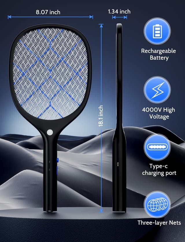 Detalle 2 de YISSVIC Electric Fly Swatter 4000V Rechargeable Bug Zapper Racket (2 Pack) with Type-C Cable