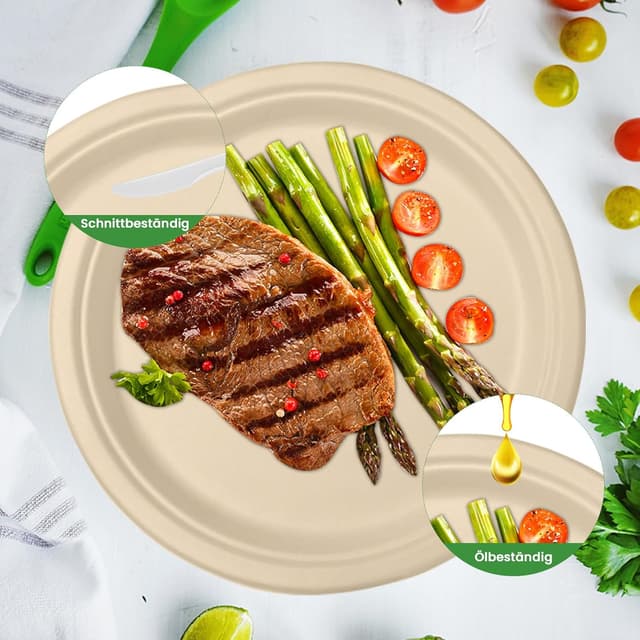 Detalle 2 de LDFDRT Pappteller aus Zuckerrohrfaser (Bagasse), 100 Stück, rund 17,8 cm – kompostierbar