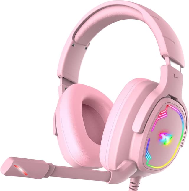 Detalle de Jimonyer Gaming Headset for PC, PS4, PS5, Xbox One, Xbox Series, and Switch (3.5mm) — Pink with RGB, Stereo Surround & Noise-Canceling Mic