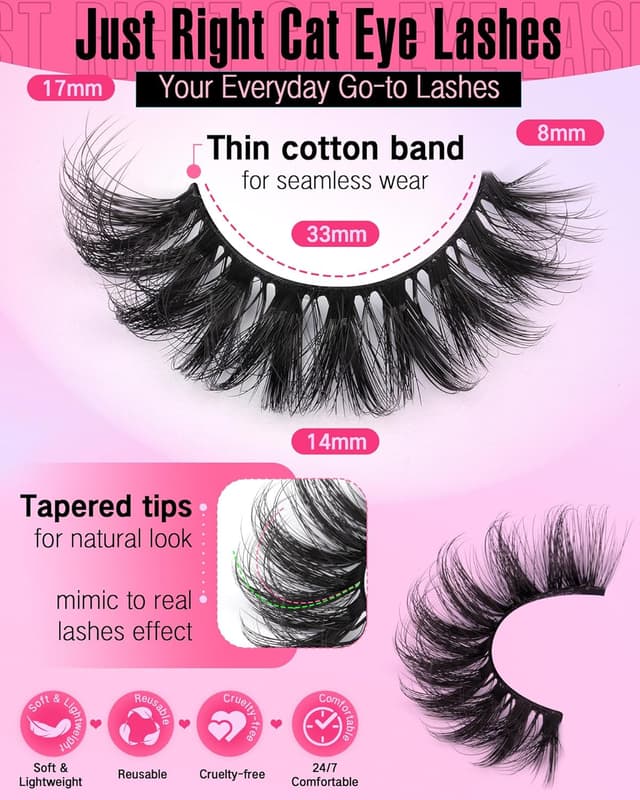 Detalle de JIMIRE Mink Lashes Wispy Cat Eye Lashes (14–16mm) Full 6D Volume, D-Curly Faux Mink, 7 Pairs