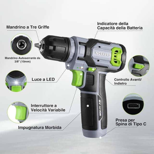 Detalle de WORKPRO Trapano Avvitatore a Batteria 8V Verde Grigio con Mandrino da 10 mm e Accessori (53 pezzi)