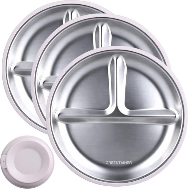 Detalle 2 de Greentainer 3 Pack Stainless Steel Divided Plate with Suction Base (Pink) – Baby-Led Weaning toddler feeding set