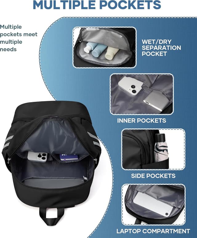 Detalle 2 de SZLX Sportrucksack für Frauen mit Schuhfach, Nasstasche & faltbarem Handgepäck-Rucksack – wasserdicht, schwarz