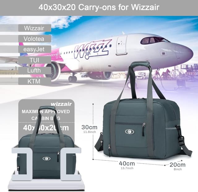 Detalle de BAGZY bagaglio a mano 40x30x20 Wizzair 25L con borsa pieghevole impermeabile e sacchetti sottovuoto