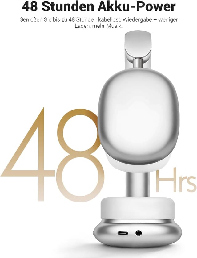 Detalle 2 de Wentronic Y01 Noise-Cancelling Over-Ear-Kopfhörer (Bluetooth 5.3, bis 48 h, faltbar) – mit Mikrofon – Silber