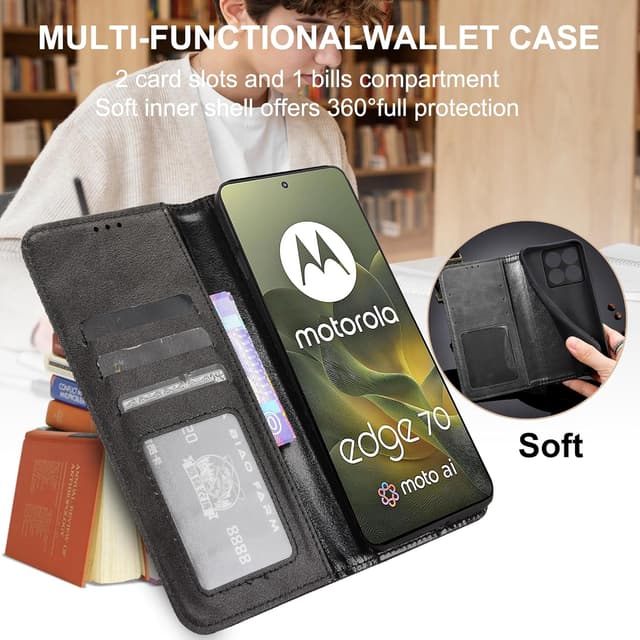 Detalle de Fitudoos Handyhülle aus Leder für Motorola Edge 70 – Klapphülle mit Kartenfächern, Magnetverschluss & Standfunktion (Schwarz)