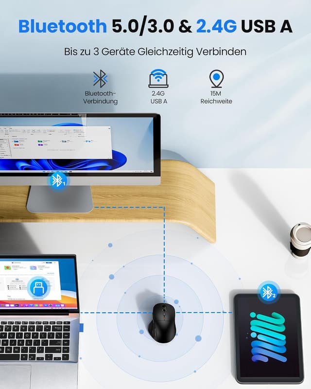 Detalle de TECKNET Bluetooth Maus wiederaufladbar (Tri-Modi: BT 5.0/3.0 + 2.4G) mit ergonomischer Daumenauflage und 4.800 DPI