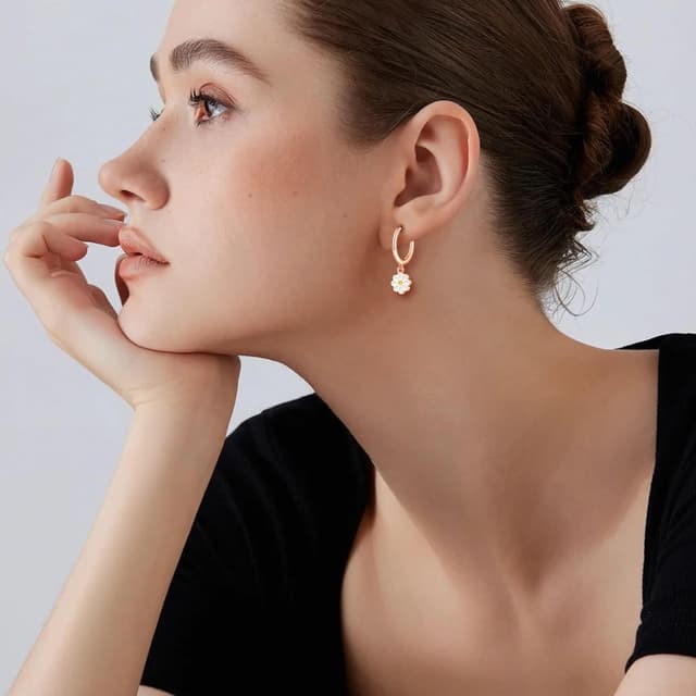 Detalle de Loutade Ohrringe Silber 925 Damen mit Creolen & Anhänger (Wassertropfen/Schwarz Herz/Sonnenblume)