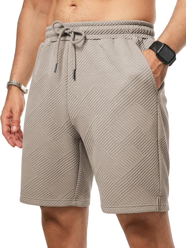 Detalle de JMIERR Herren Textur Kurze Hosen mit 3 Taschen – lockere Sommer-Shorts mit elastischem Bund