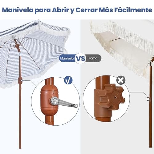 Detalle de Yaheetech Ombrellone da spiaggia e giardino inclinabile 215 cm con frange, poliestere e metallo, blu e bianco