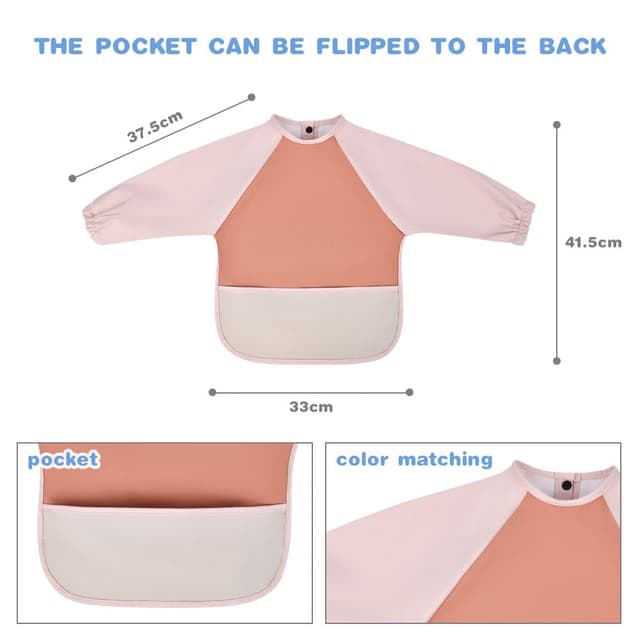 Detalle de Vicloon Baby-Lätzchen mit langen Ärmeln (wasserdicht) und Tasche – Braun, für 6–12 Monate