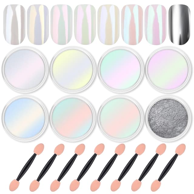 Detalle de Artdone 8 Jars Chrome Nail Powder Magic White Pearl Kit (Mirror & Holographic Effects)