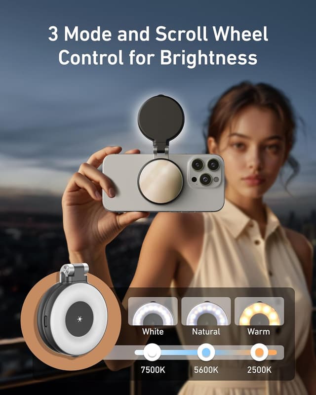 Detalle de TELESIN C03 Magnetic Selfie Light (3-in-1) – CRI97 360° portable phone fill light with mirror