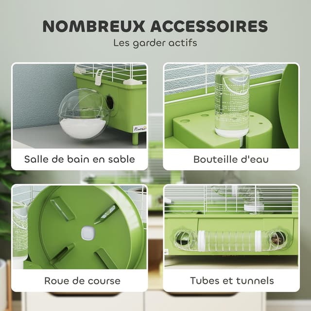 Detalle 2 de PawHut Cage pour Hamster à 2 Niveaux avec roue de course et salle de bain en sable, 44,5 x 28 x 44 cm, vert