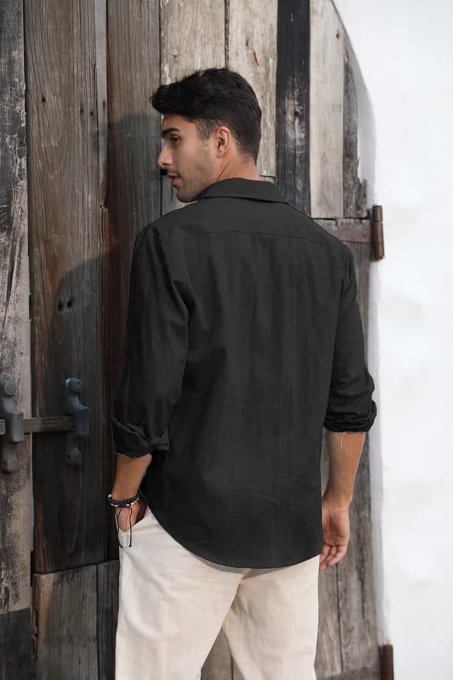 Detalle de Runcati Herren Langarm-Leinenhemd mit Umlegekragen – Business- & Freizeithemd für Sommer