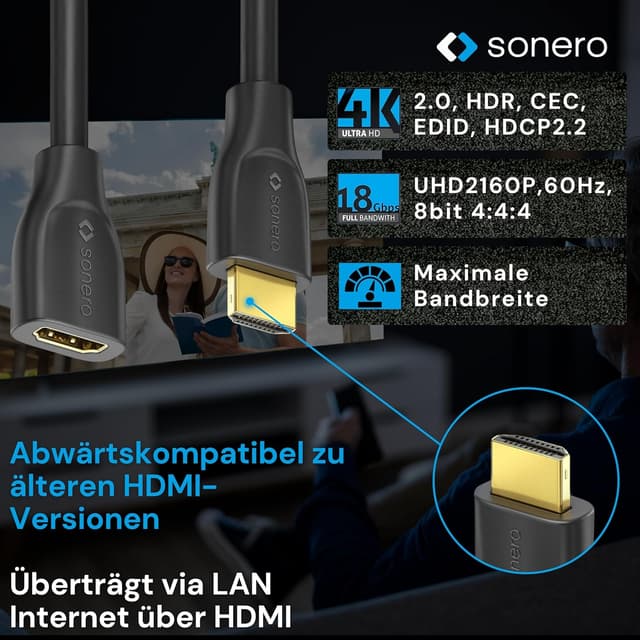 Detalle 2 de Sonero® 4K HDMI Verlängerungskabel (Premium High Speed) – HDMI Stecker auf HDMI Buchse, vergoldete Kontakte, 1 m