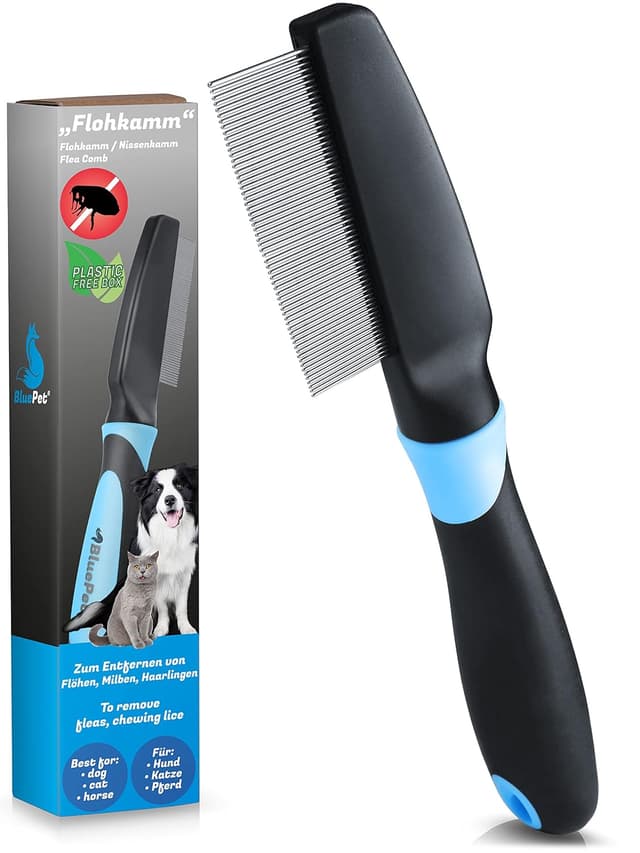 Detalle de BluePet Robuster Flohkamm & Läusekamm für Hunde & Katzen – robuster Kamm mit abgerundeten Zinken (Floh-, Läuse- und Nissenkamm)