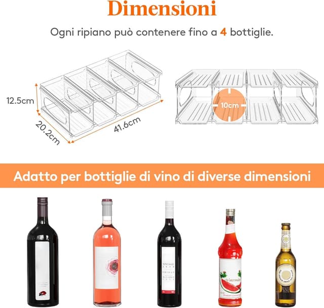 Detalle 2 de Lifewit Portabottiglie da frigo in plastica per 8 bottiglie, 2 livelli impilabile (42 x 20 x 12,5 cm)