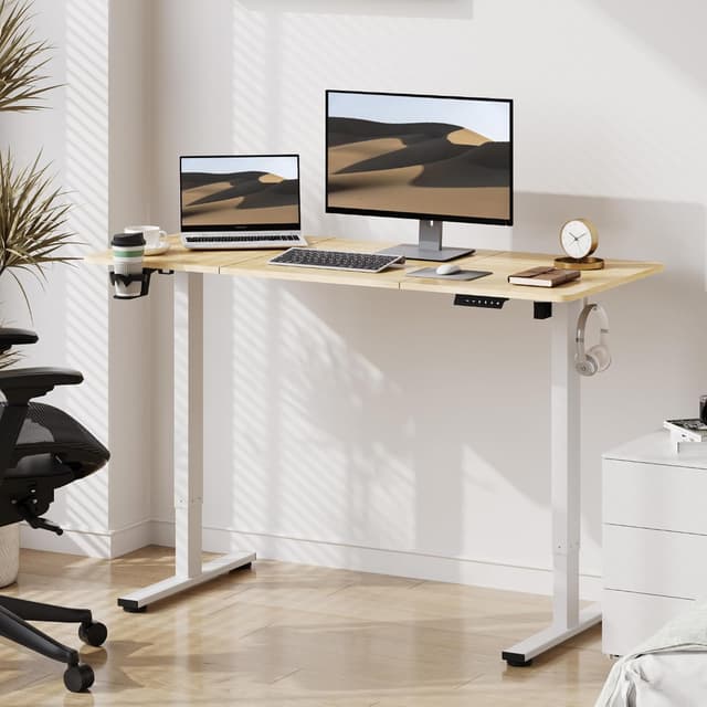 Detalle de SANODESK Bureau assis-debout électrique 140 x 60 cm avec mémoire et rappel de sédentarité, blanc + érable