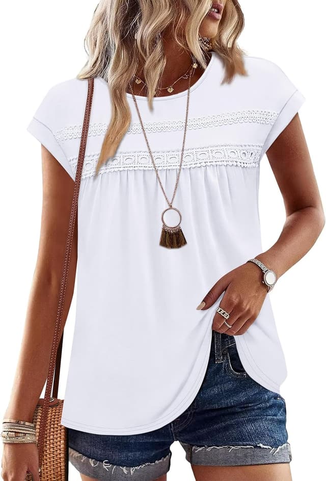 Detalle de WIHOLL Lace Crochet Cap Sleeve Summer Top (Crew Neck, Loose Fit Peplum)