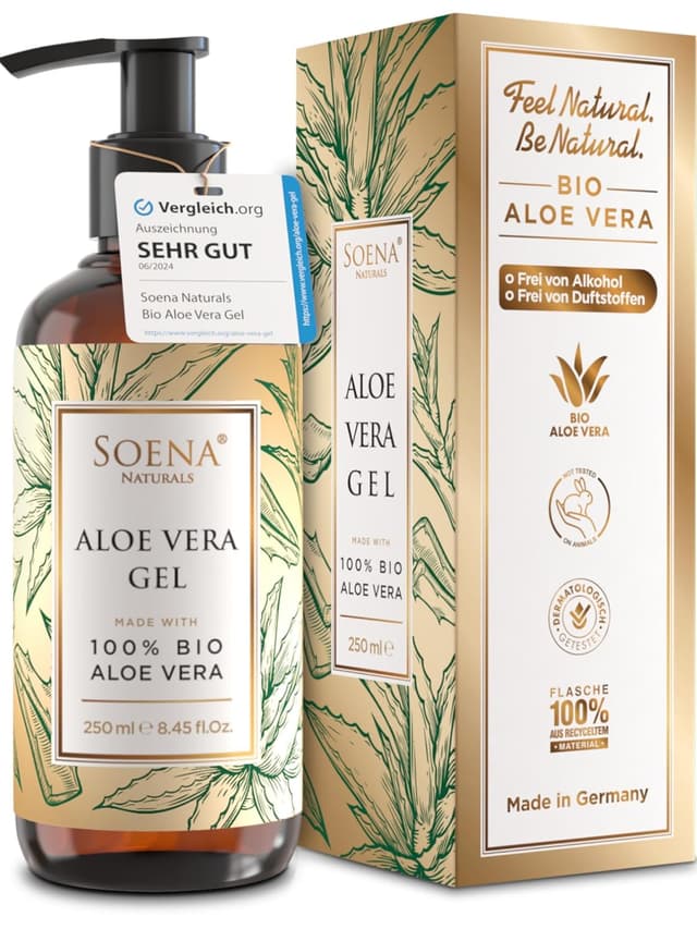 Detalle de Soena® Aloe Vera Gel mit 100% BIO Aloe Vera (96% Aloe, ohne Alkohol & Duftstoffe) – Feuchtigkeitspflege, 250 ml