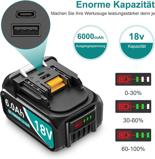 Thumbnail 6 de 2er Pack 6,0 Ah Ersatzakkus für Makita 18V (BL1860/BL1850/BL1830 & LXT 400) mit LED und USB-Ausgang