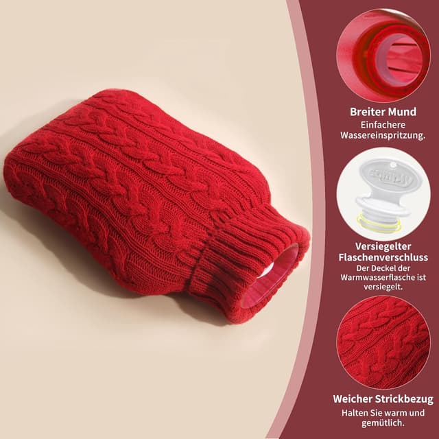 Detalle de samply Wärmflasche mit Bezug (2L) – weicher Premium-Strickbezug in Knallrot