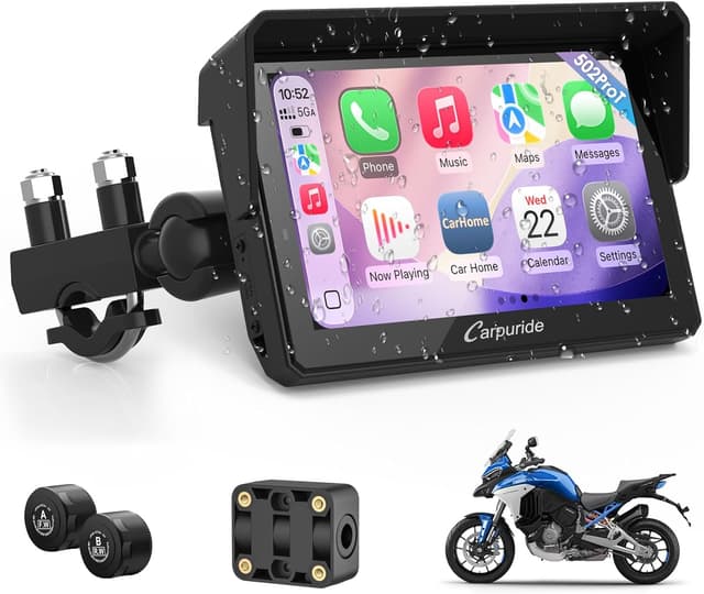 Detalle de Carpuride W502T Pro motorcycle CarPlay screen with TPMS, Dual Bluetooth & Waterproof GPS display