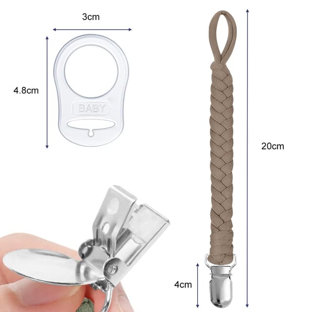 Detalle 2 de Aolso Schnullerketten aus Baumwolle (4er Set) mit Clips & Silikonadaptern – Königsblau/Grün/Braun/Grau