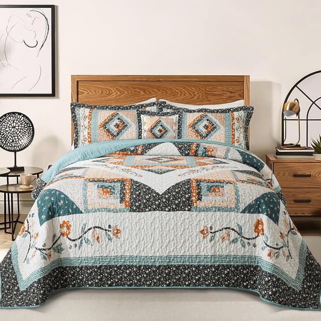 Detalle de BEDIFANY Cotton California King Quilt Set (108 x 118 in) Floral Lightweight Bedspread with 2 Pillowcases