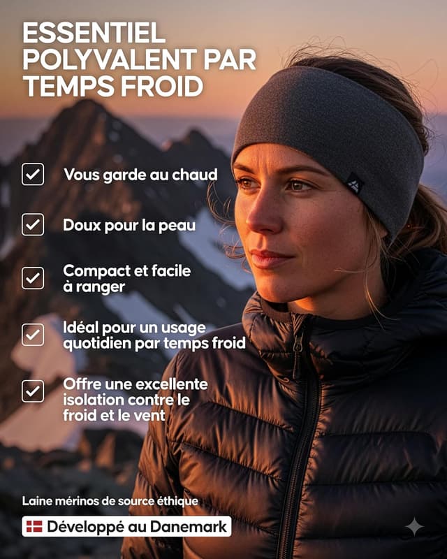 Detalle de DANISH ENDURANCE Bandeau en laine mérinos doublé polaire thermique, bleu marine foncé (S/M)