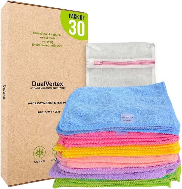 Detalle de DualVertex 30 Reusable Microfibre Baby Wipes Face Cloths (Unscented) with Laundry Bag