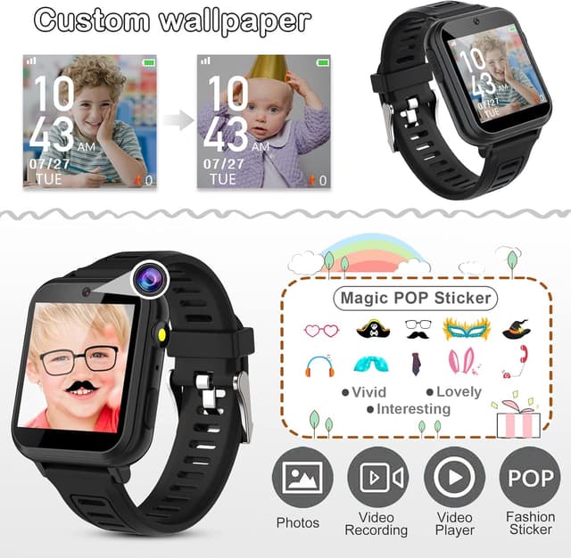 Detalle de Phyulls Smart Watch for Kids (Black) with Selfie-Cam, 39 Games, Camera/Video, Alarm & Calculator