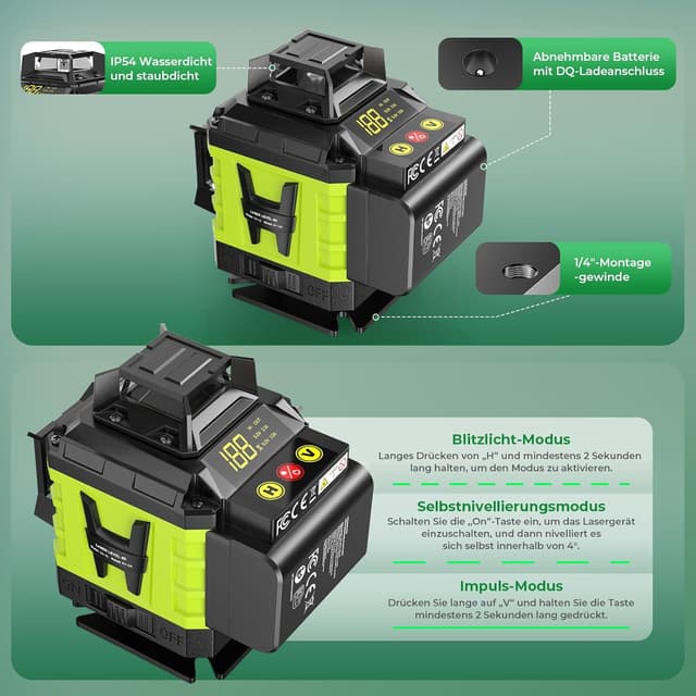 Detalle de Kreuzlinienlaser Grün mit Stativ, 16 Linien (4x 360°) – 4D Nivellierlaser für Innenbereich & Baustelle