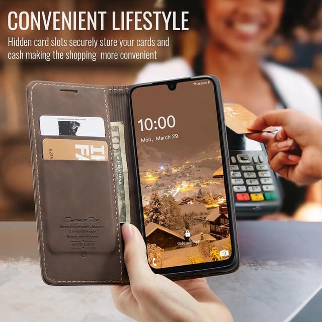 Detalle 2 de Cracedily wallet flip leather case for Samsung Galaxy A16 5G (Coffee) with card slots and magnetic closure