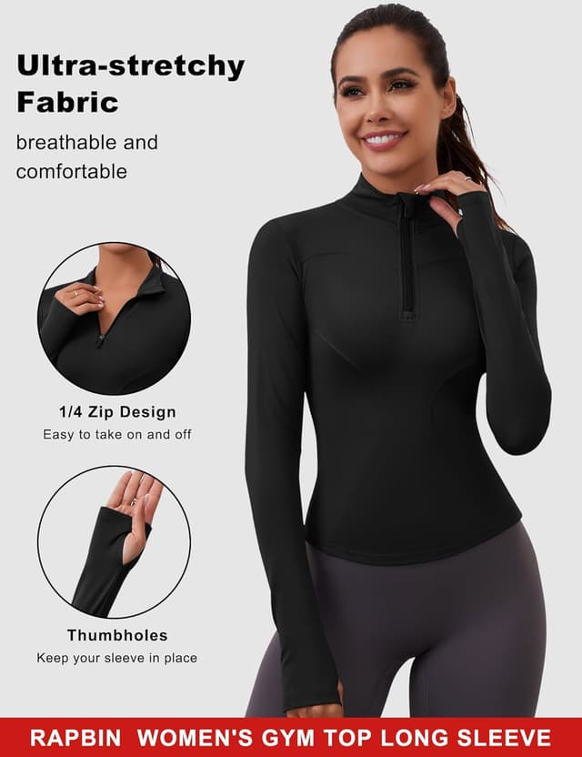 Detalle 2 de Rapbin Women’s Long Sleeve Gym Top with 1/4 Zip and Thumb Holes