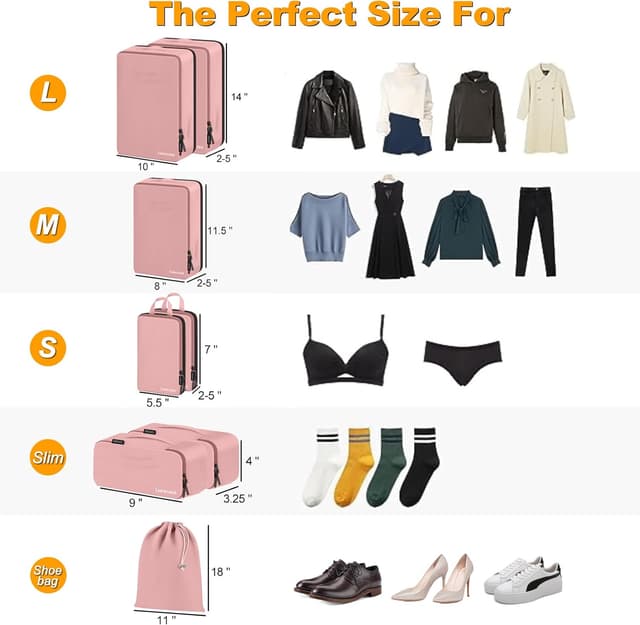 Detalle de Lumesner Compression Packing Cubes – 8-piece travel essentials set for carry-on suitcases (Pink)