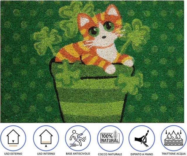 Detalle de Baroni Home zerbino da esterno in cocco dipinto a mano con base in PVC, gatto su sfondo verde, 60x40 cm