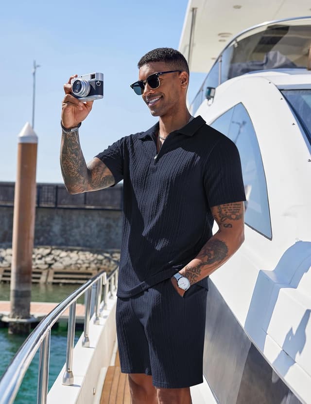 Detalle de COOFANDY Men’s 2-Piece Quarter-Zip Polo Shirt and Shorts Set (Casual Athletic Summer Tracksuit)