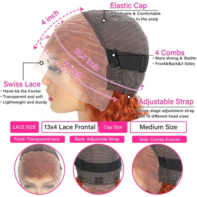 Detalle de SOEZ 26 Inch Ginger Orange Lace Front Deep Wave Human Hair Wig (13x4 HD Transparent Lace, 180% Density)