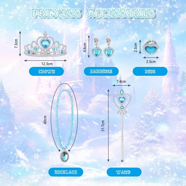 Detalle 2 de Costume Principessa Bambina AUYAO con corona, bacchetta e gioielli (abito blu) per Halloween, Natale e Carnevale