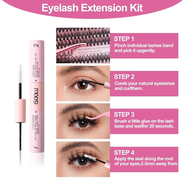 Detalle de ISOOLU Lash Clusters DIY Eyelash Extension Kit with Bond & Seal (Wispy WideSpan Clusters)