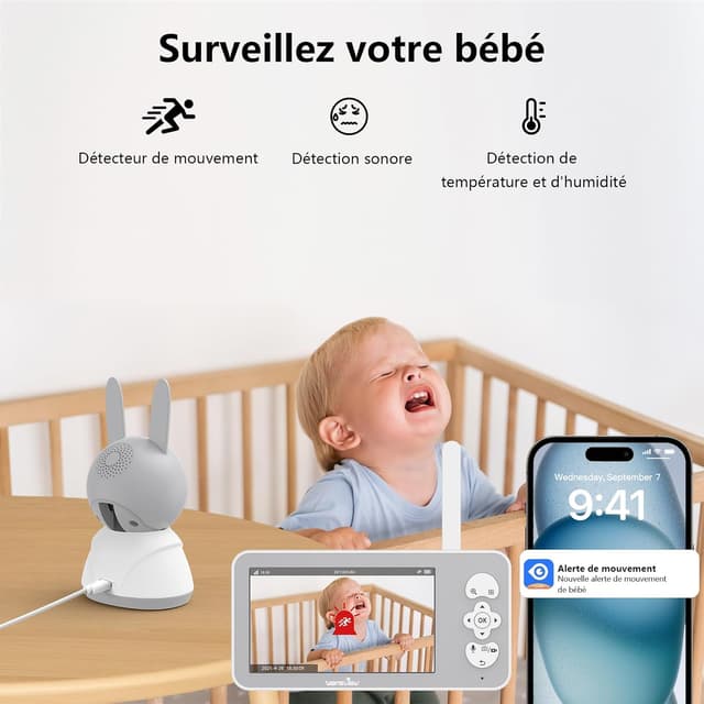 Detalle 2 de wansview Babyphone mit Kamera (2,4/5 GHz WLAN, 5 Zoll, 1080P, 940 nm IR) inkl. App & automatischer Verfolgung