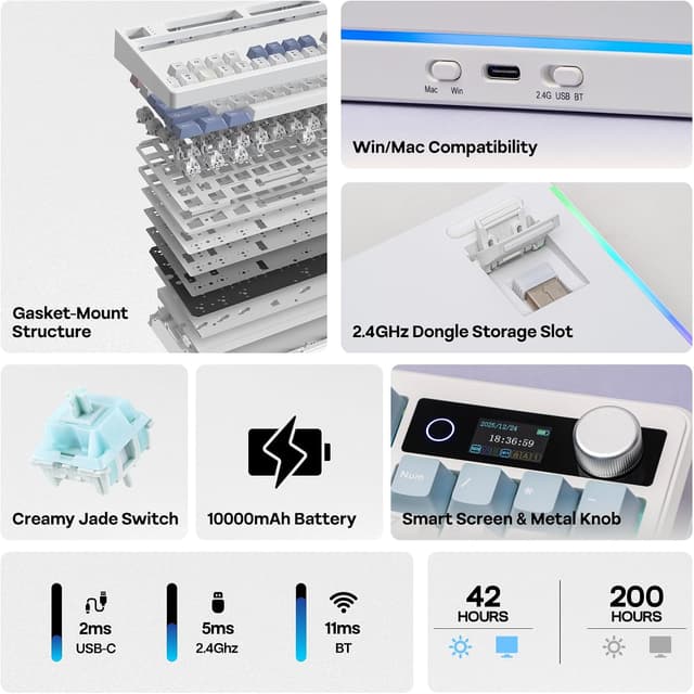 Detalle 2 de EPOMAKER TH99 Pro 96% Mechanical Keyboard with Screen & Knob (Hot-Swap, Wireless 2.4G/Bluetooth) — Blue & White Creamy Jade