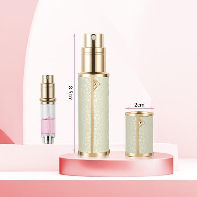 Detalle 2 de LOPHE flacone spray da viaggio per profumo ricaricabile 5 ml in similpelle PU motivo litchi (bianco)