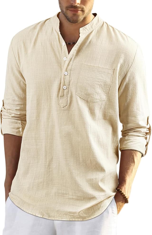Detalle de Enlision Herren Baumwolle-Leinenhemd Langarm im Regular Fit – atmungsaktiv, mit Brusttasche