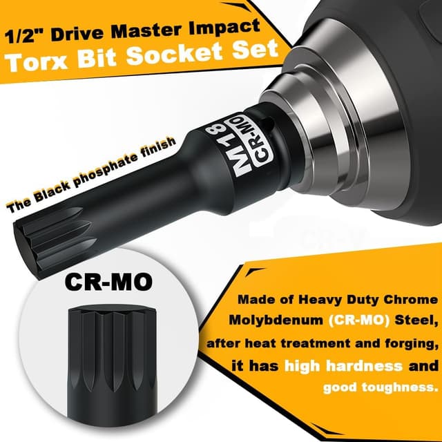 Detalle de KIRXST 1/2 Inch Impact XZN Triple Square Bit Socket Set (M5–M18) – 10 Piece